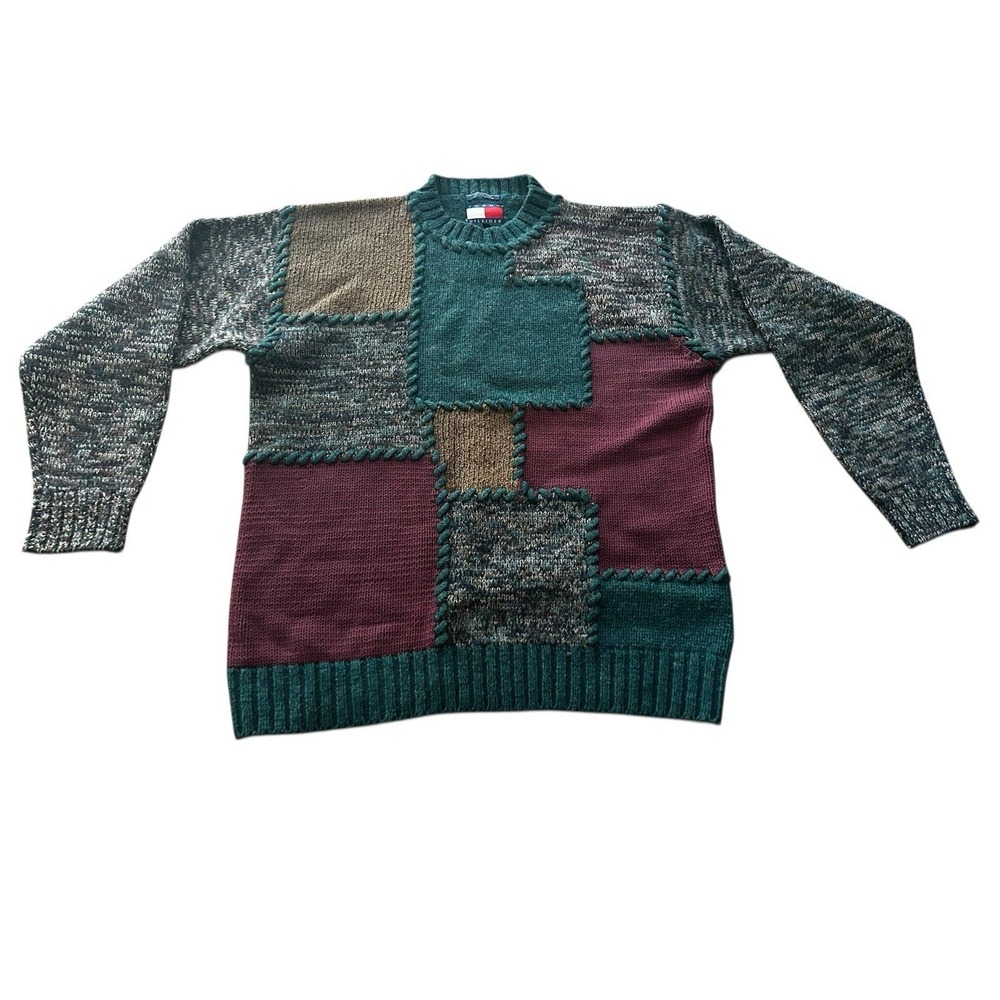 90s Tommy Hilfiger Patchwork Knit Sweater Men Large Wool Blend Green